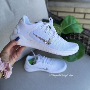 Bling Nike Free RN 2018 White Sneakers Customized with Crystal Rhinestones